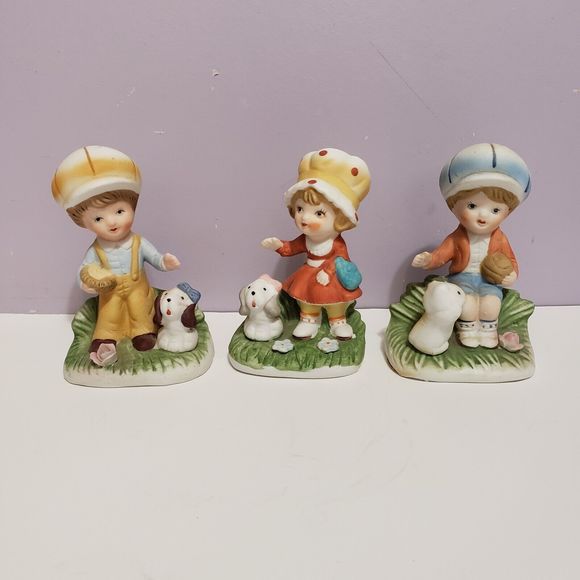 Homco Trio Children / w Pets Bisque Porcelain Figurines - Picture 1 of 10